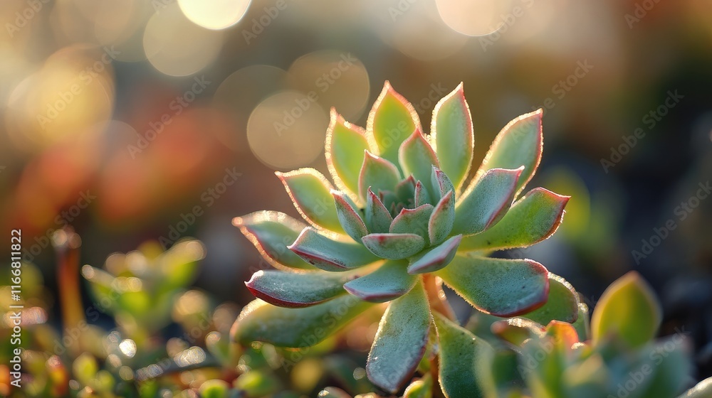 Poster succulent plant basking in sunlight with a blurred garden background creating a serene and peaceful 