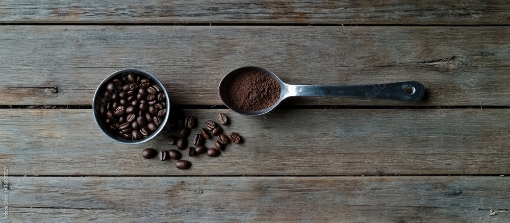 Poster ground coffee in a scoop next to roasted coffee beans on rustic wooden table viewed from above in na
