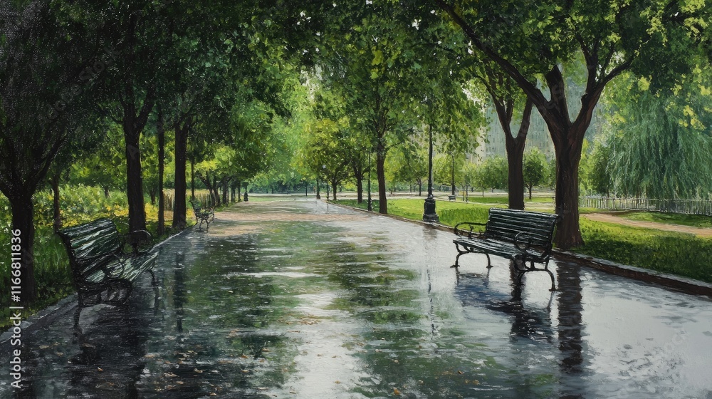 Aufkleber peaceful park scene after rain showcasing lush greenery, wet pathways, and park benches, creating a 