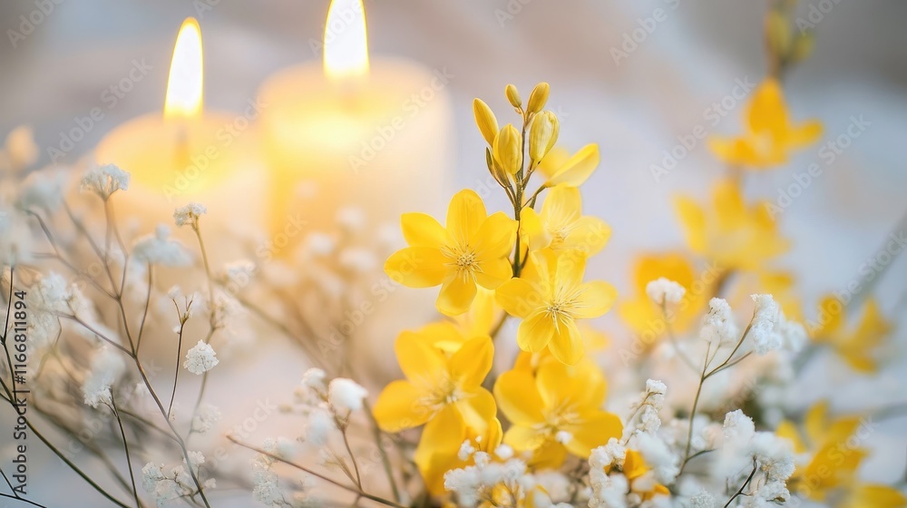 Poster beautiful yellow candelabra flower arrangement with soft white background and candles creating a ser