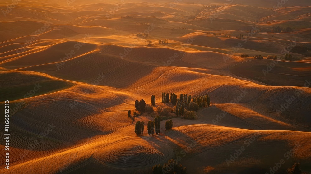 Poster golden hour light illuminates rolling hills with patchwork fields and tree clusters creating a seren