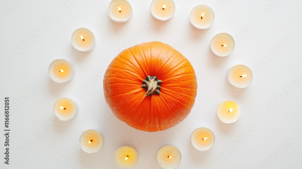 Poster halloween pumpkin centerpiece illuminated by surrounding candles on a bright background creating a f