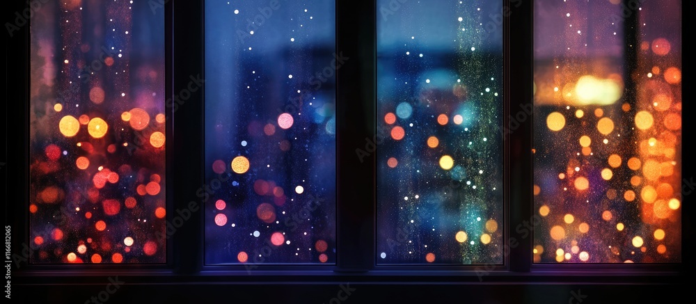 Poster festive bokeh lights reflecting through a window creating a magical holiday atmosphere with colorful