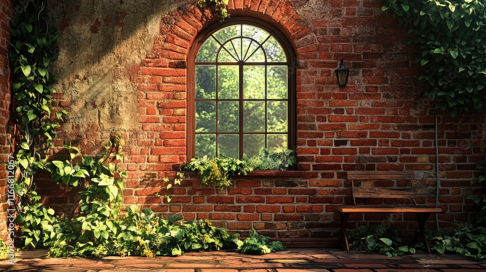Poster scenic view of a historical window framed by an old red brick wall with lush greenery accents and a 