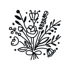 Hand-drawn chalk icon: retro and vintage wedding elements – bouquet of flowers. Doodle-style vector illustration with playful, handwritten design