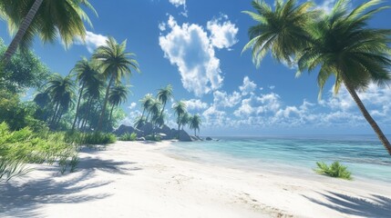 panorama of tropical beach with coconut palm trees