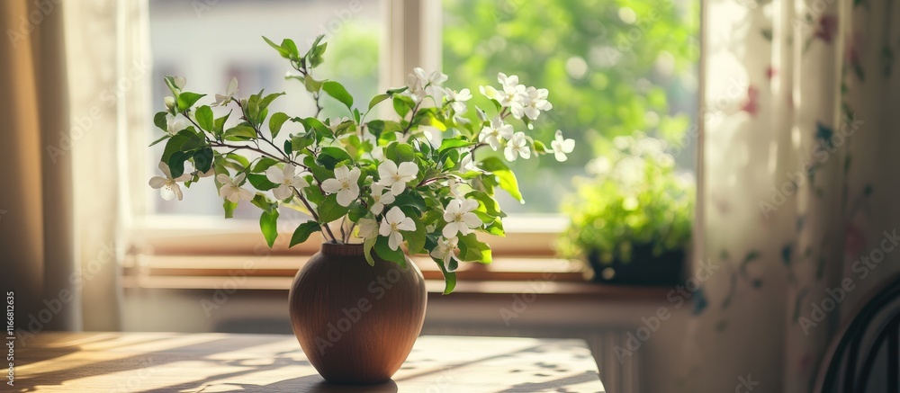 Aufkleber cozy interior scene with apple tree sprig and white flowers in wooden vase by window creating a warm
