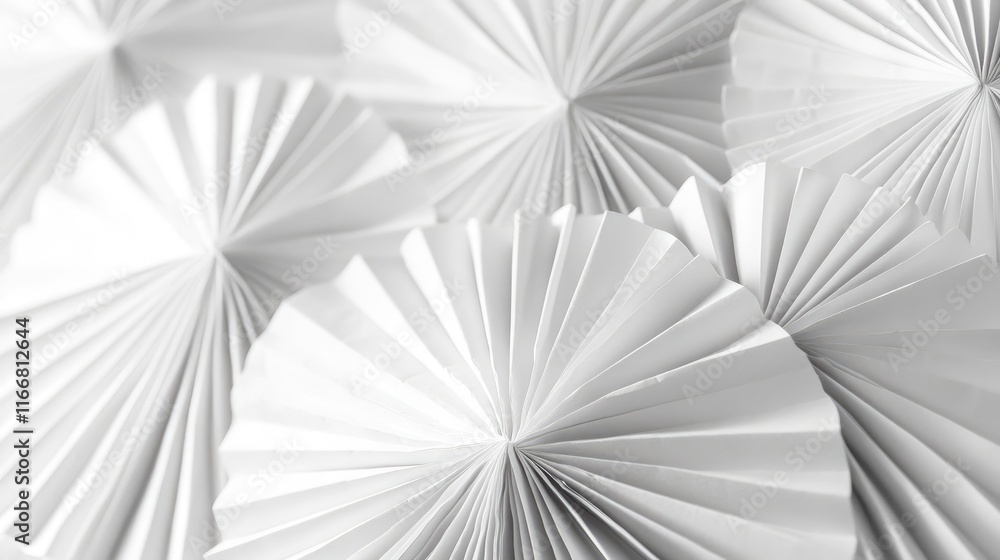 Poster textured geometric white origami fans with layered design creating an eye-catching visual effect for