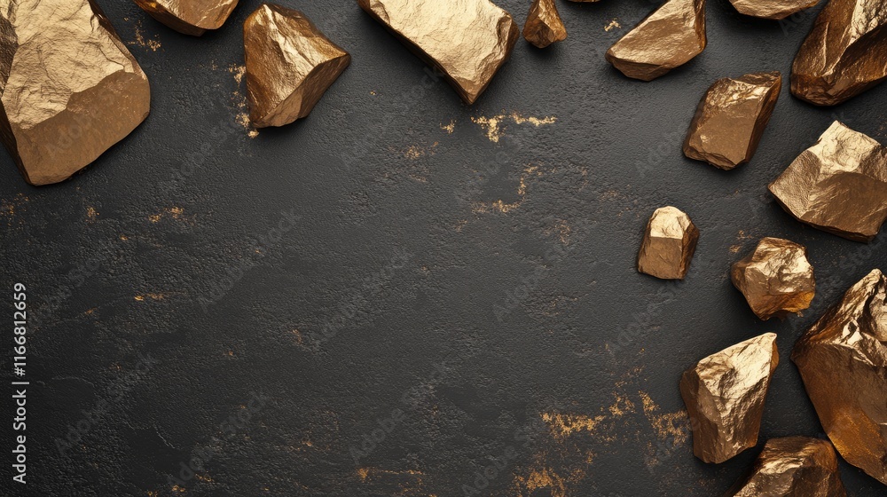 Aufkleber golden rocks scattered on textured dark surface creating a luxurious and elegant backdrop for design