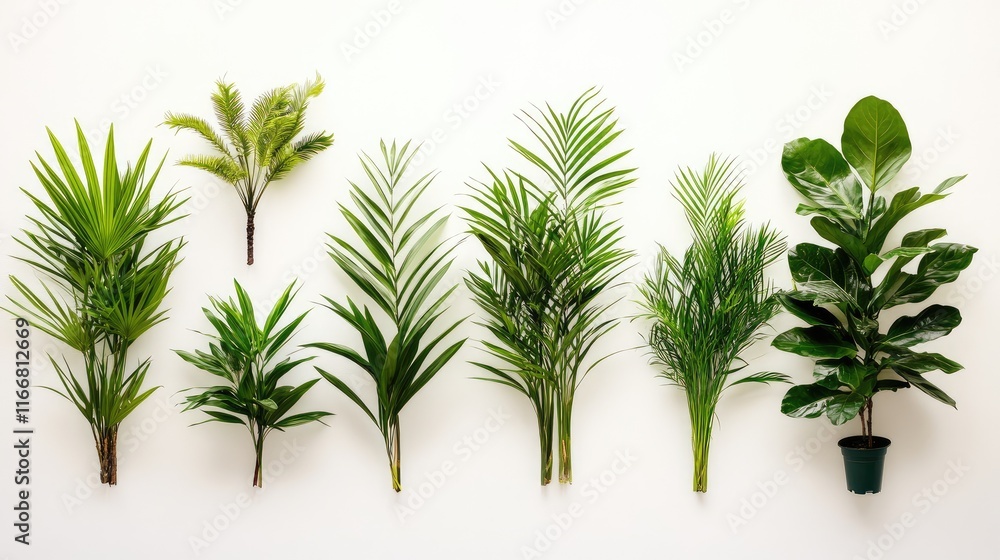 Poster flat lay of diverse tropical plants arranged artistically on a white background showcasing lush gree