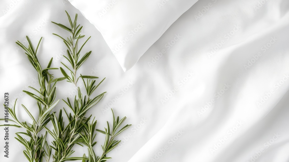 Poster scandinavian style white sheet mockup with fresh rosemary on textured fabric for product presentatio
