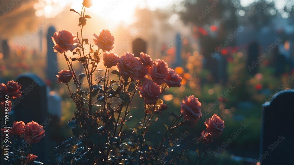 Poster serene cemetery flowers illuminated by sunlight creating a peaceful atmosphere in a tranquil resting