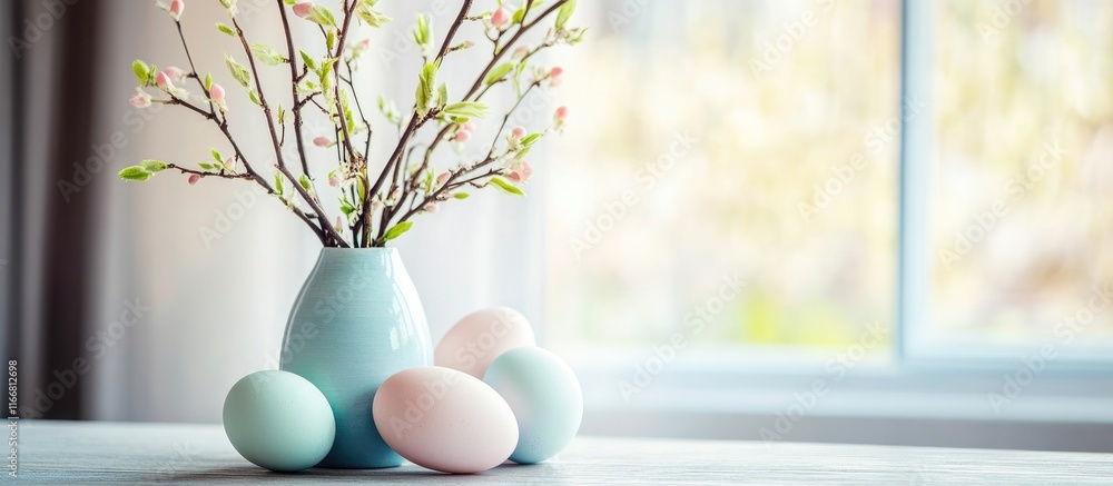 Poster Spring home decor with green bud branches in a vase and pastel colored eggs creating a fresh and inviting atmosphere