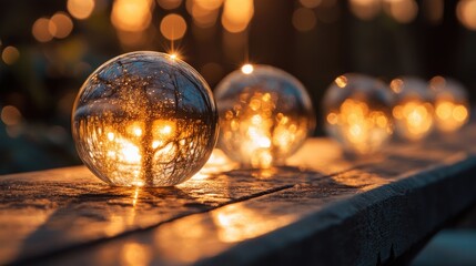 Bokeh ball lights reflecting warm golden tones in serene outdoor setting on rustic wooden surface