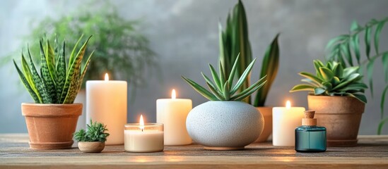 Aromatic oil diffuser with lit candles and lush houseplants enhancing a serene ambiance on a rustic wooden table in a cozy setting