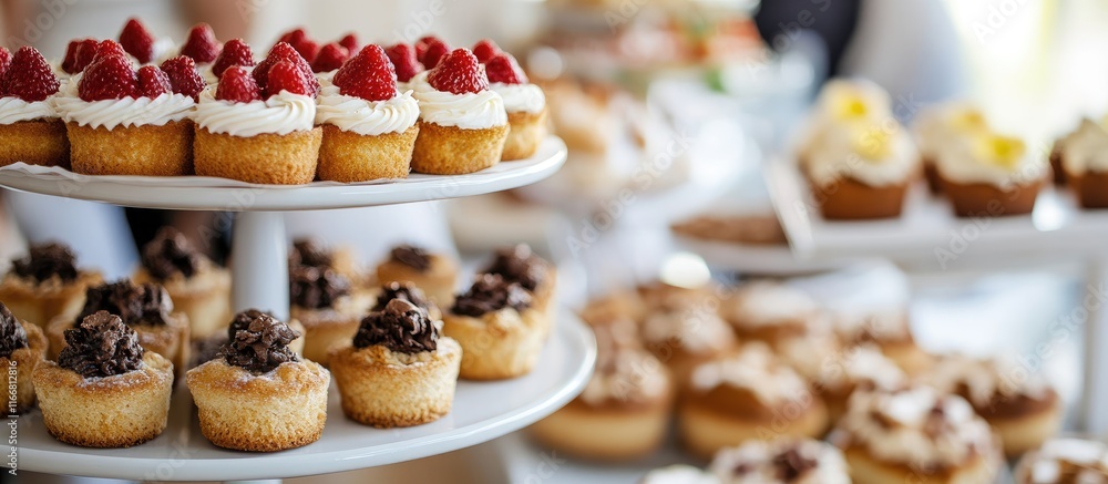 Poster delicious display of assorted gourmet cupcakes with fresh toppings on elegant tiered stands perfect 