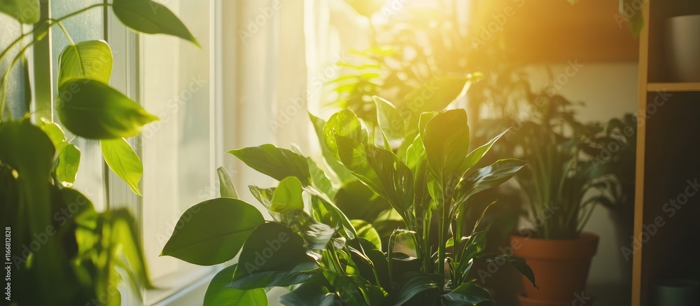 Poster sunlit home interior featuring vibrant green houseplants arranged by a window creating a refreshing 