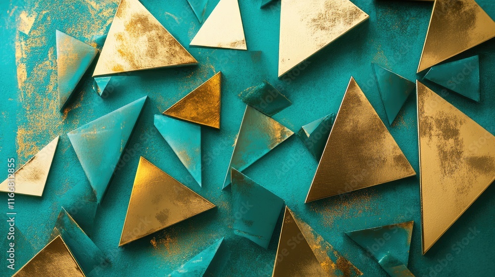 Poster geometric triangular abstract design featuring turquoise background with gold elements and textures 