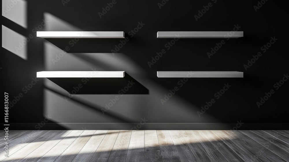 Poster minimalistic empty room with white shelves on black wall casting shadows ideal for showcasing galler