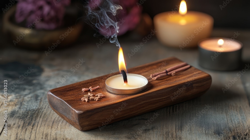 Poster Incense stick being lit by candle flame creating a soothing ambiance with smoke in a rustic setting on wooden surface
