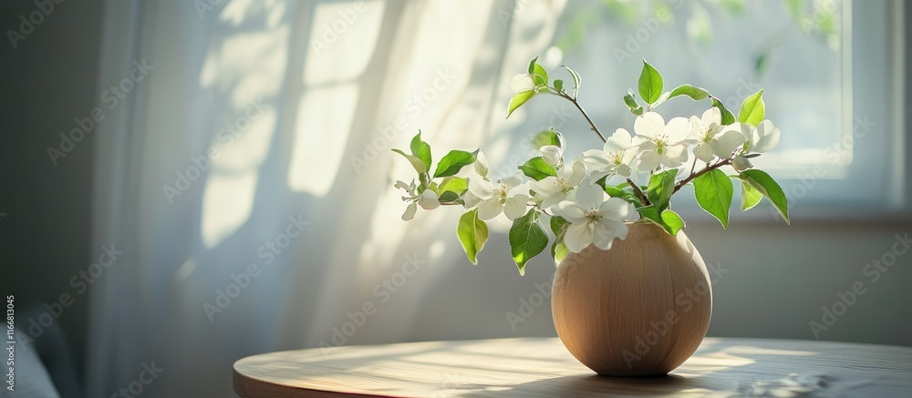 Poster apple tree sprig with white flowers in a wooden vase on a table creating a serene and cozy atmospher