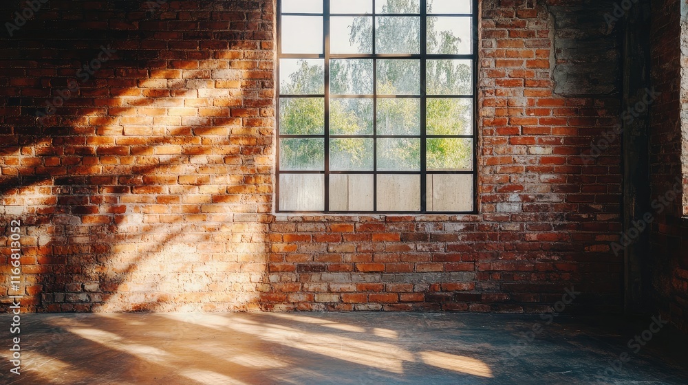 Poster interior of an abandoned space showcasing a rustic brick wall and large window with natural light ca