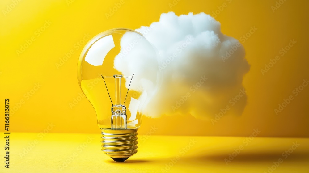 Poster creative ideas and innovation symbolized by a light bulb with a cloud against a bright yellow backgr