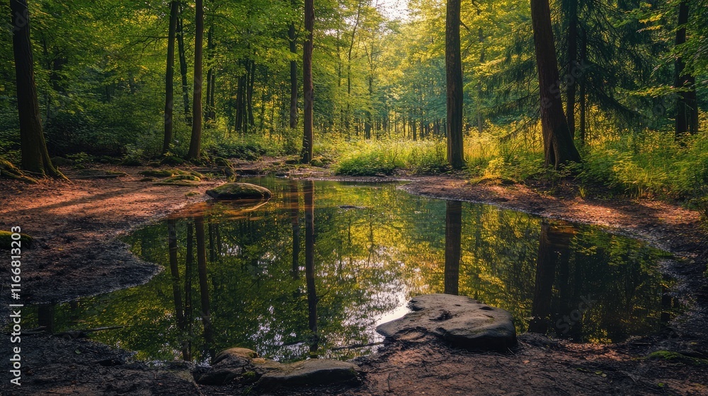 Poster tranquil forest scene with a reflective pond surrounded by lush green trees in a serene natural sett