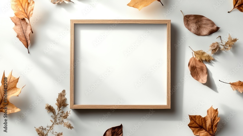 Poster dried leaves and wooden frame flat lay showcasing autumn textures for invitations or artistic presen