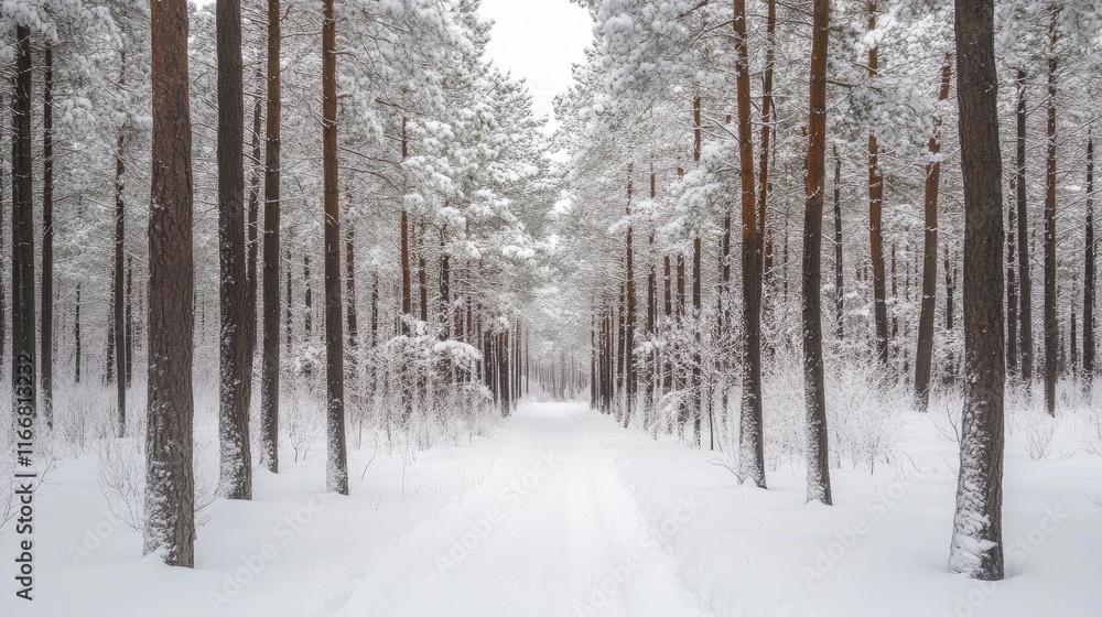 Poster serene snow-covered forest pathway through tall trees in winter landscape