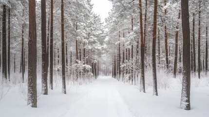 Naklejka premium Serene Snow-Covered Forest Pathway Through Tall Trees in Winter Landscape