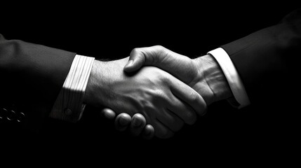 Business partnership handshake symbolizing trust and agreement in a professional setting captured in dramatic black and white lighting.