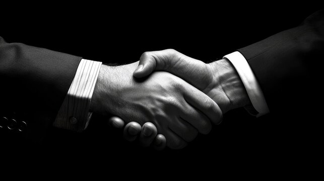 Business partnership handshake symbolizing trust and agreement in a professional setting captured in dramatic black and white lighting.