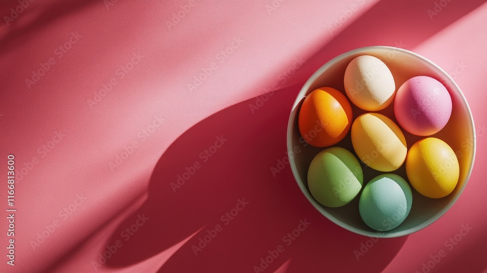 Poster colorful easter eggs in a minimalist bowl against a soft pink background showcasing a spring aesthet