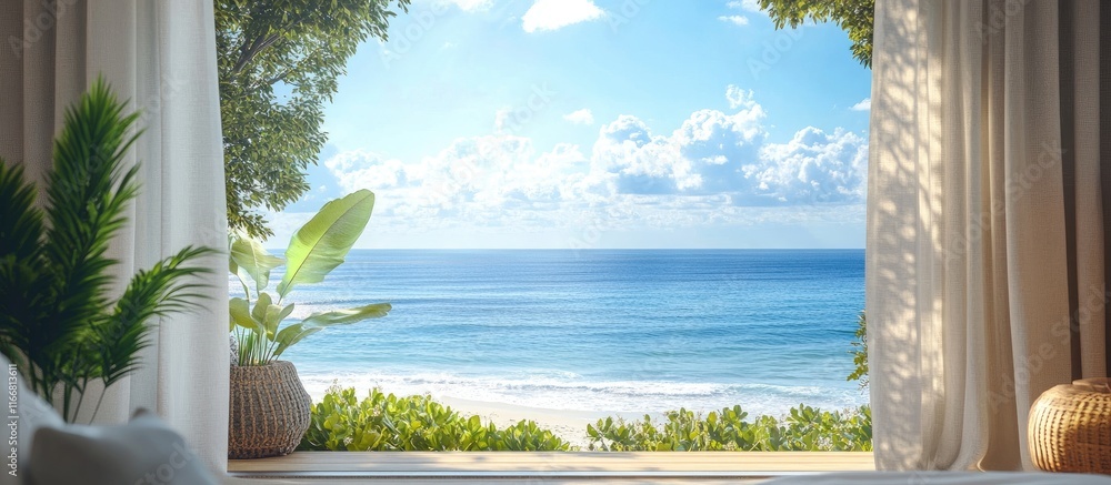 Aufkleber tranquil ocean view through a sunlit window creating a serene coastal atmosphere and inviting peacef