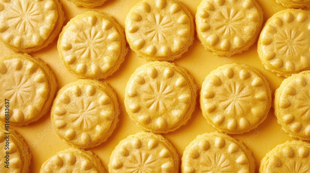 Poster golden round biscuits arranged in a close-up view creating a textured pattern on a vibrant yellow ba