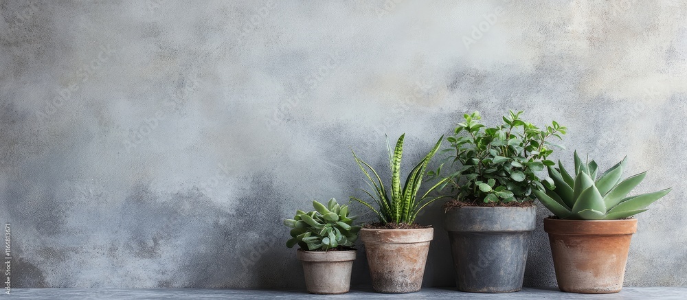 Poster rustic home plants in natural pots on a light grey grunge background enhancing a serene and inviting
