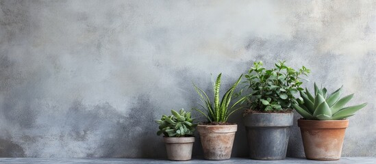 Rustic home plants in natural pots on a light grey grunge background enhancing a serene and inviting indoor atmosphere