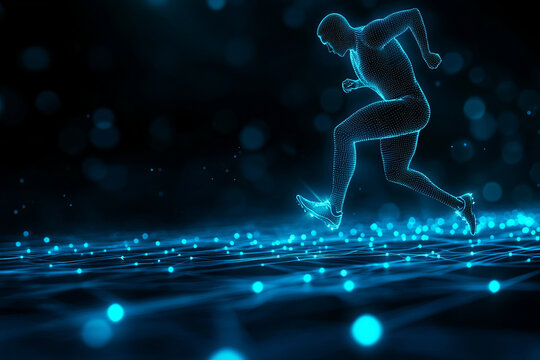 glowing digital figure of running athlete on futuristic grid background, symbolizing AI analyzed performance