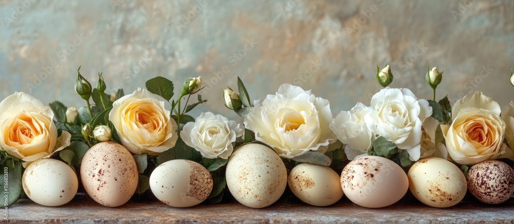 Poster easter eggs and fresh roses on rustic table representing spring celebration and holiday joy in a bea