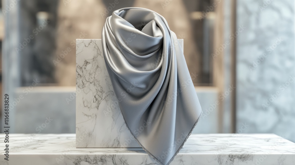 Poster elegant gray silk scarf elegantly draped on marble display pedestal in stylish storefront setting wi