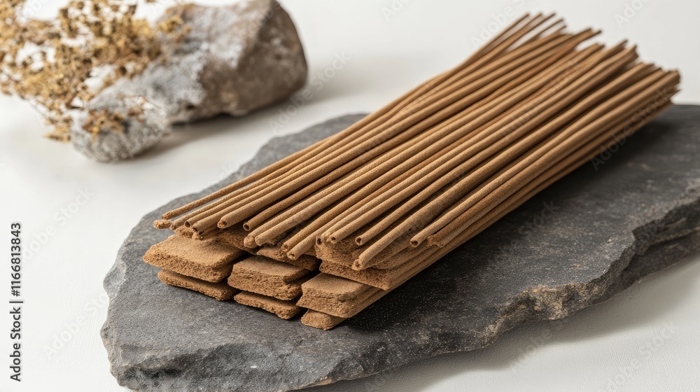 Aufkleber incense sticks arranged on a stone surface for worship reflecting tranquility and spirituality in a 