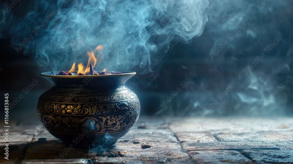 Aufkleber mysterious incense pot with smoke drifting in an atmospheric setting evoking tranquility and ancient