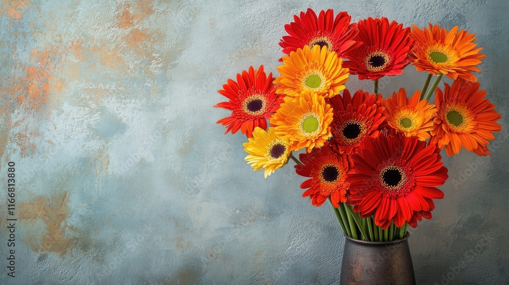 Poster colorful gerbera flowers in a vase on a textured stone table with a soft background creating a vibra
