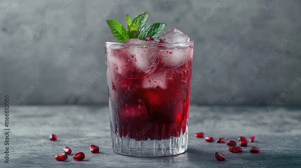 Poster refreshing pomegranate juice cocktail with ice and mint garnished on a textured gray background show