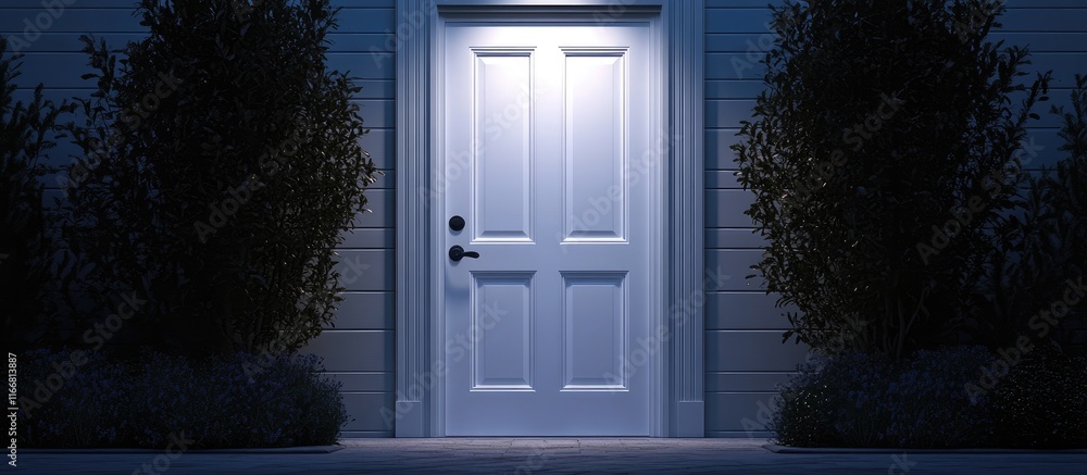 Poster illuminated white door at night creating an inviting atmosphere surrounded by dark backdrop and gree