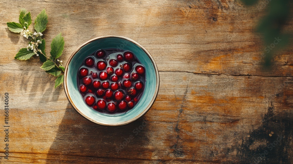 Poster freshly harvested berries in a bowl with homemade jam on a rustic wooden table captured from a top-d