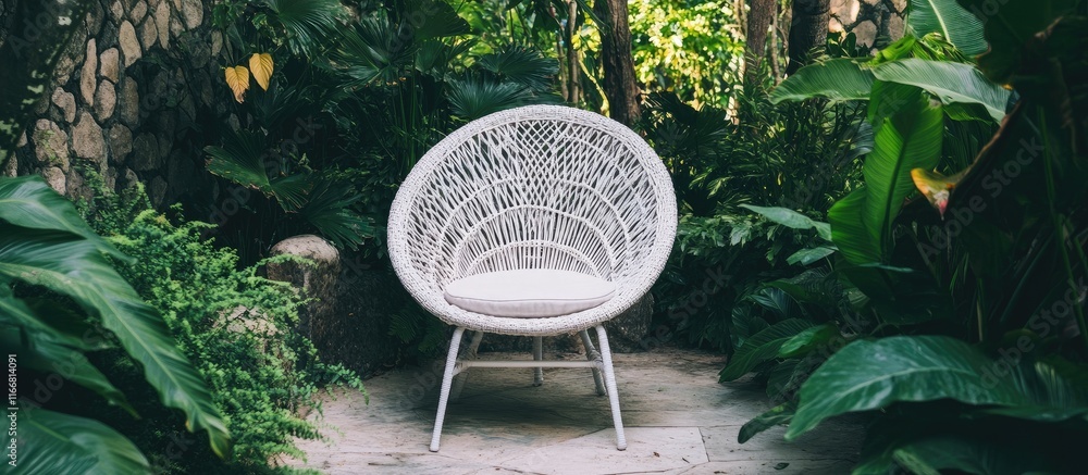 Poster white rattan chair nestled in lush greenery creating a serene and tranquil garden atmosphere perfect