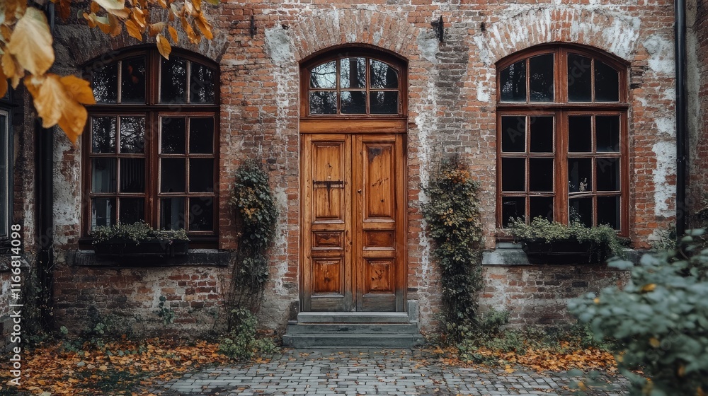 Poster charming old stone house with wooden doors and red brick windows surrounded by autumn leaves and gre