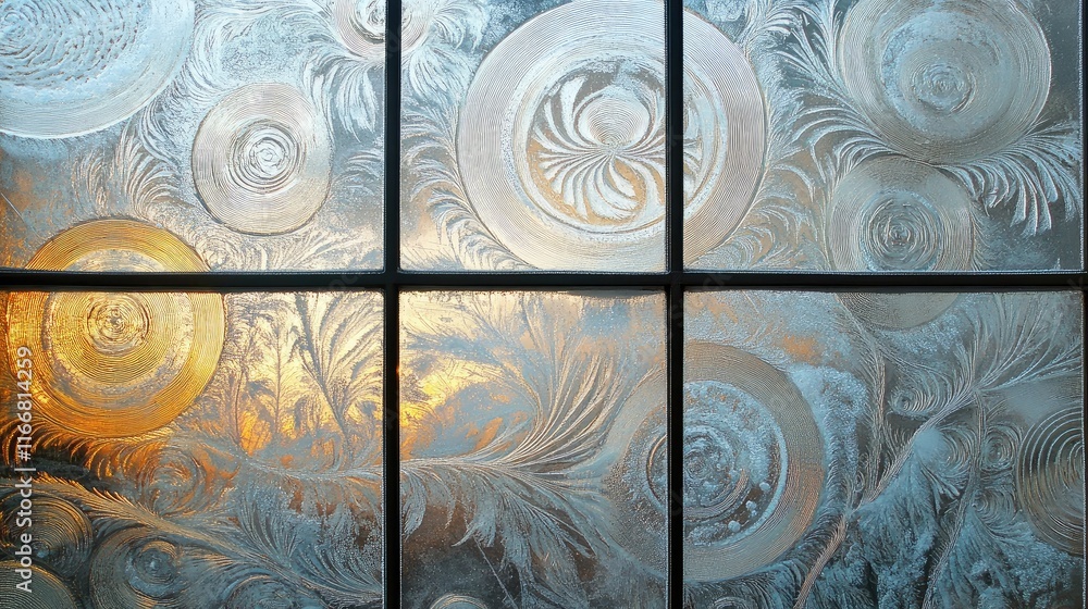 Poster frosted window patterns showcasing intricate designs with an ethereal glow from the sun creating a s